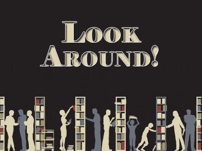 graphic depicting people looking for material in library